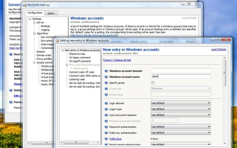Скриншот 1 программы Bitvise SSH Server (WinSSHD)