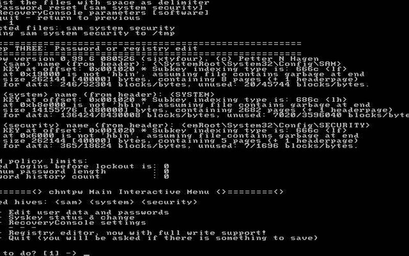 Скриншот 1 программы Offline NT Password & Registry Editor