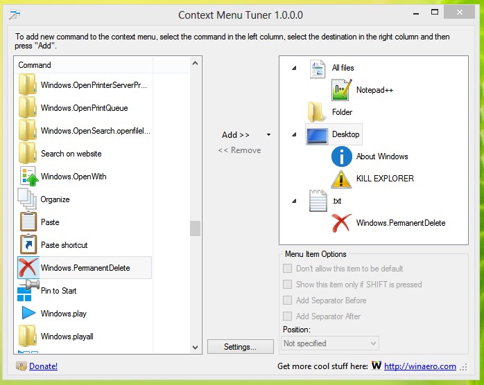 Скриншот 2 программы Winaero Context Menu Tuner