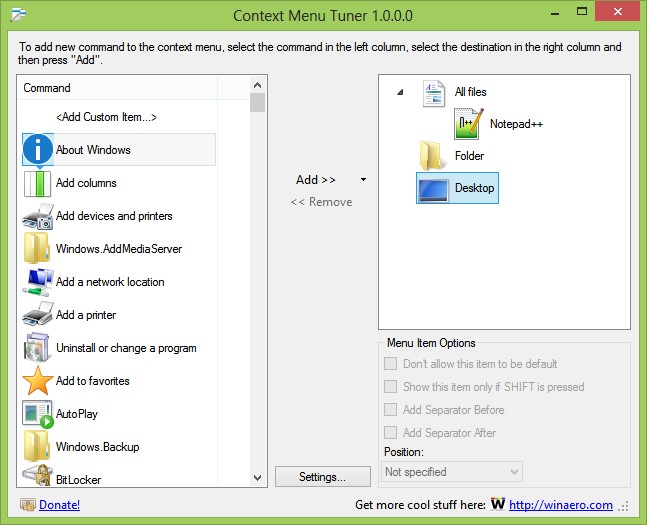 Скриншот 3 программы Winaero Context Menu Tuner