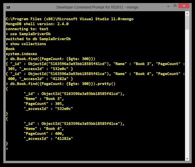 Dev commands. Mongo Shell. Developer Command prompt.